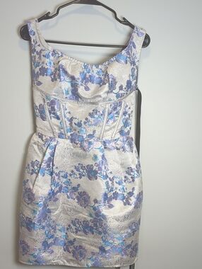 PRETTY LITTLE THING Lilac Bardot Jacquard Floral Mini Dress US4